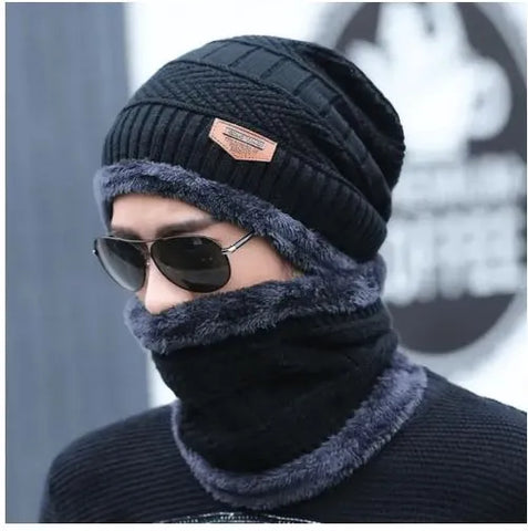 Beanie Cap Neck Warmer Beanie Full Set-2 Piece Black